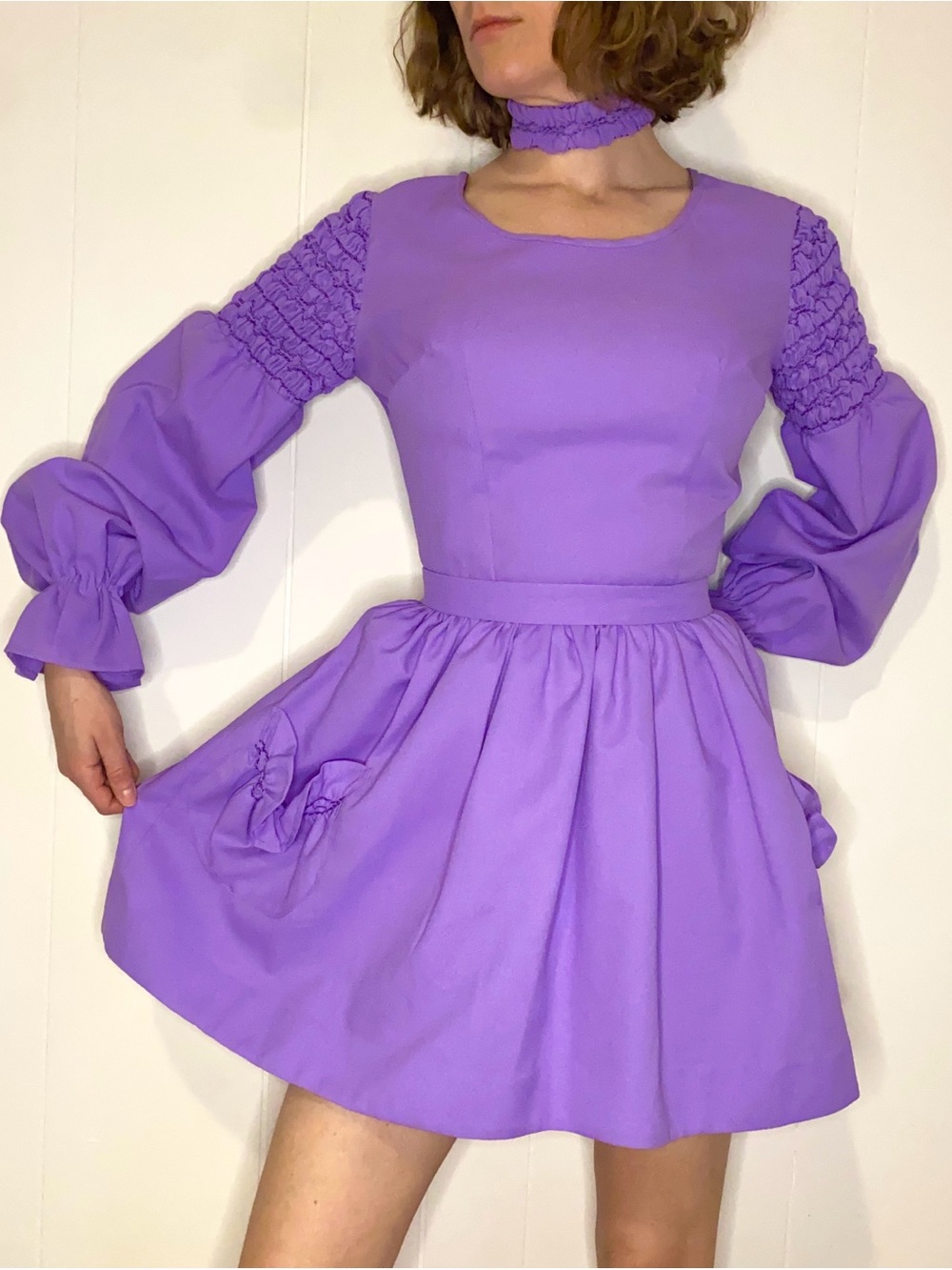 Vintage Lavender Mini Dress with Smocked Sleeves